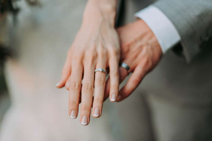 Two hands wearing wedding rings